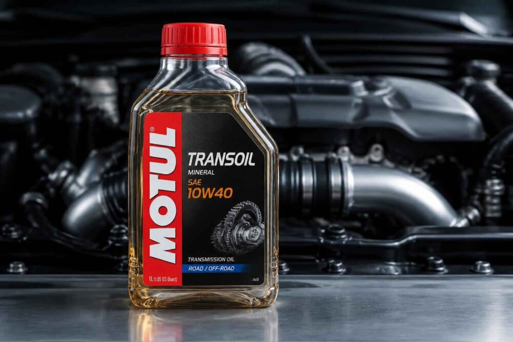 Butelka oleju Motul Transoil SAE 10W-40 ustawiona przed elementami komory silnika samochodu