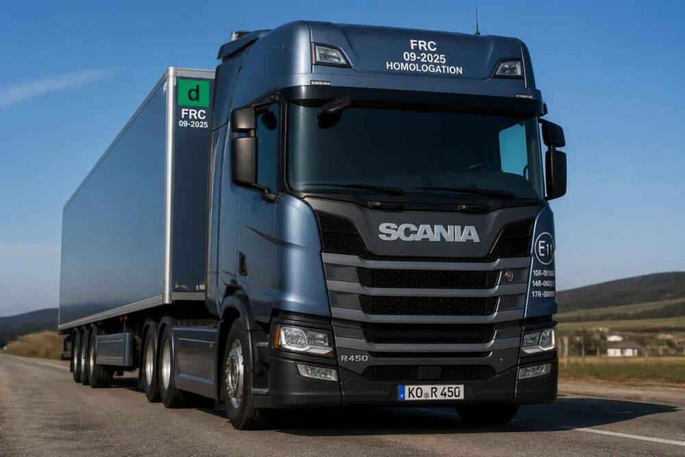 Granatowa ciężarówka Scania R450 z naczepą jedzie drogą w słoneczny dzień
