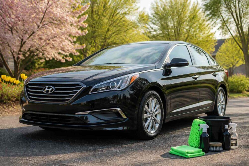Czarny Hyundai Sonata zaparkowany na podjeździe z akcesoriami do mycia samochodu, wiosenne drzewa w tle