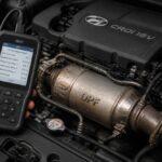 Tester diagnostyczny przy silniku Hyundai CRDi z widocznym filtrem DPF