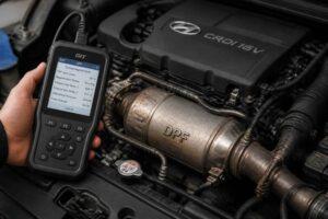 Tester diagnostyczny przy silniku Hyundai CRDi z widocznym filtrem DPF
