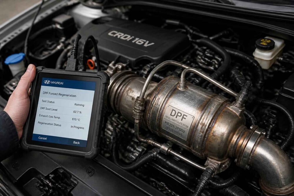 Mechanik sprawdza filtr DPF testerem diagnostycznym przy silniku Hyundai CRDi
