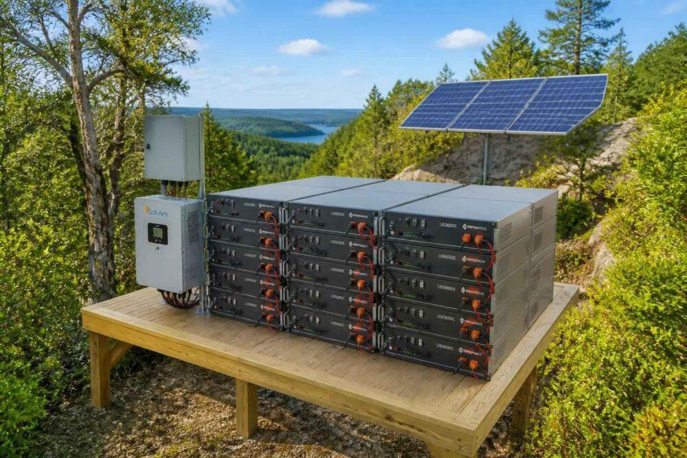 Magazyn energii z panelami słonecznymi na drewnianej platformie w leśnym krajobrazie nad jeziorem