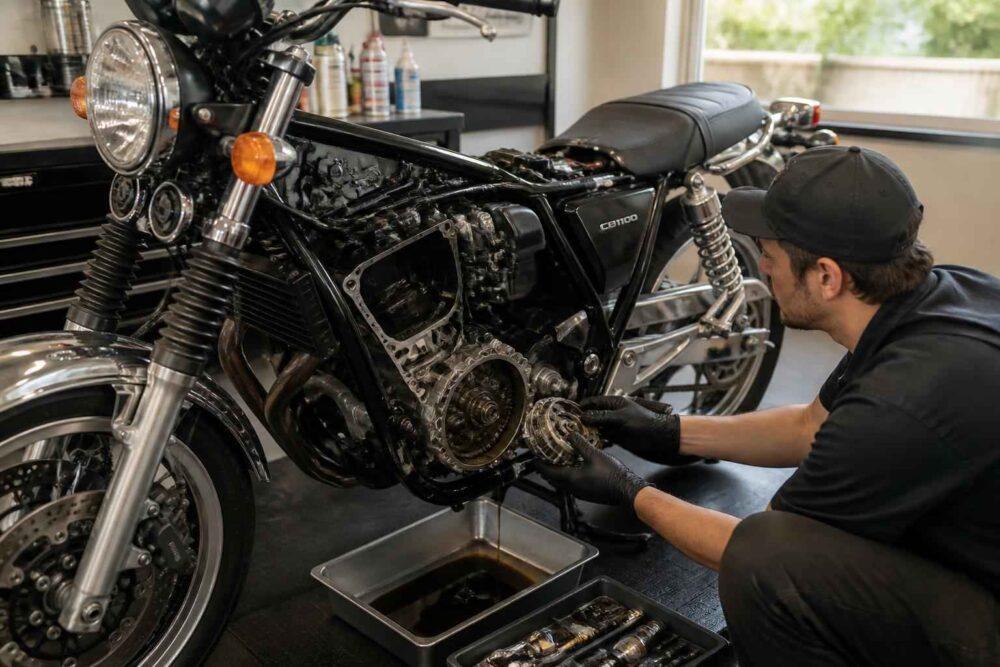 Mechanik w czarnej odzieży pracuje przy silniku klasycznego motocykla w warsztacie
