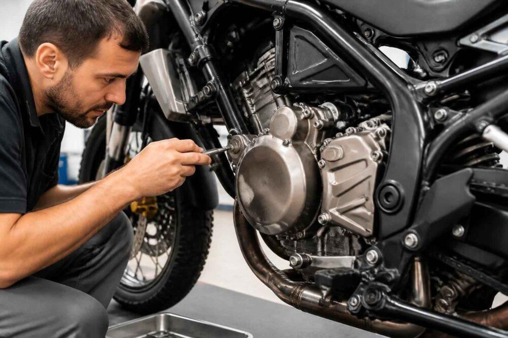 Mechanik dokręca elementy silnika motocykla w warsztacie serwisowym
