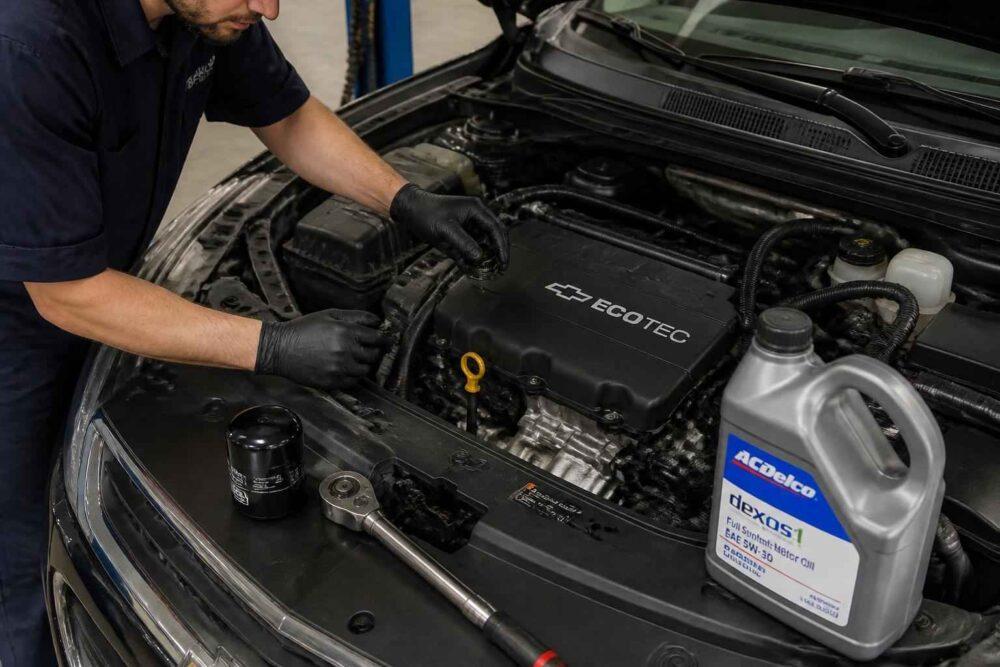 Mechanik pracuje przy silniku samochodu, obok znajdują się filtr oleju, klucz i pojemnik oleju Dexos1