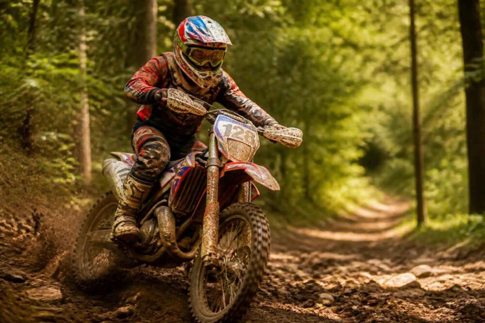 Motocross na leśnym szlaku Zawodnik motocrossowy pokonuje błotnistą leśną trasę na motocyklu terenowym