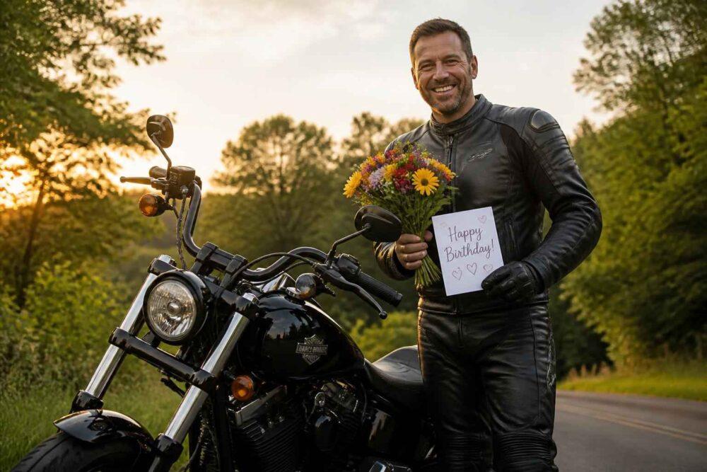 Uśmiechnięty motocyklista w czarnym kombinezonie trzyma bukiet i kartkę obok czarnego motocykla