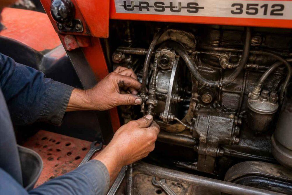 Mechanik naprawia silnik ciągnika Ursus 3512 przy otwartej obudowie