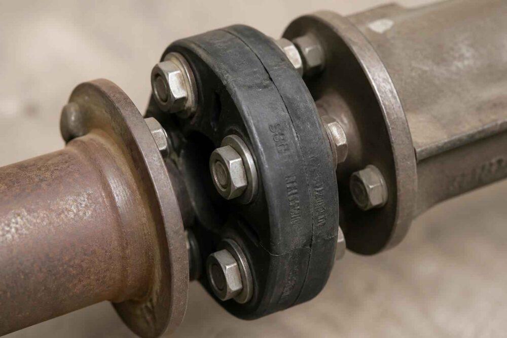 Zbliżenie na śrubowane sprzęgło elastyczne łączące dwie metalowe rury geschniegelt