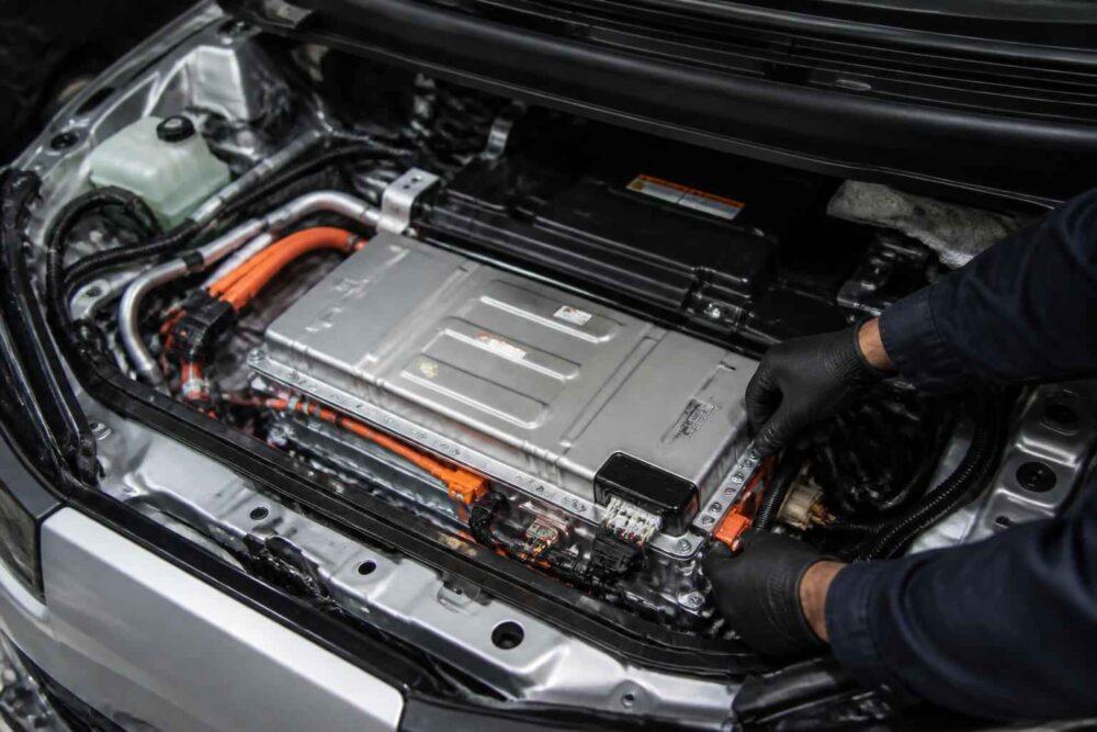 Mechanik pracuje przy baterii wysokonapięciowej w samochodzie elektrycznym