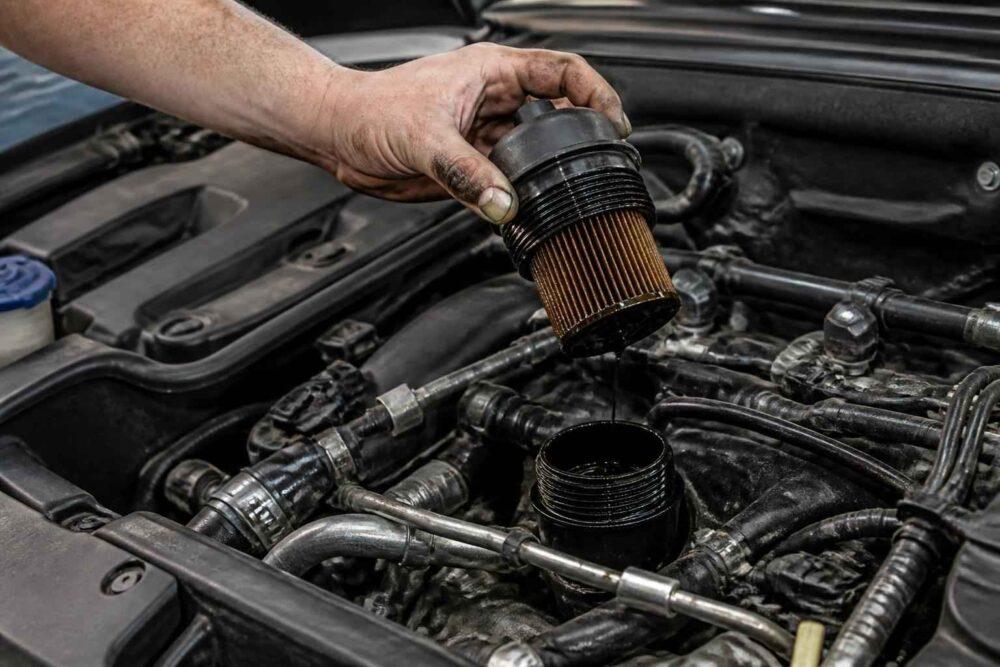 Mechanik wyjmuje zużyty filtr paliwa z układu silnika samochodowego