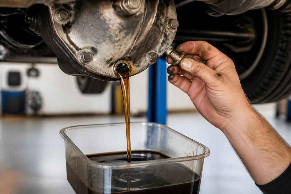 Mechanik spuszcza zużyty olej z mechanizmu różnicowego do pojemnika