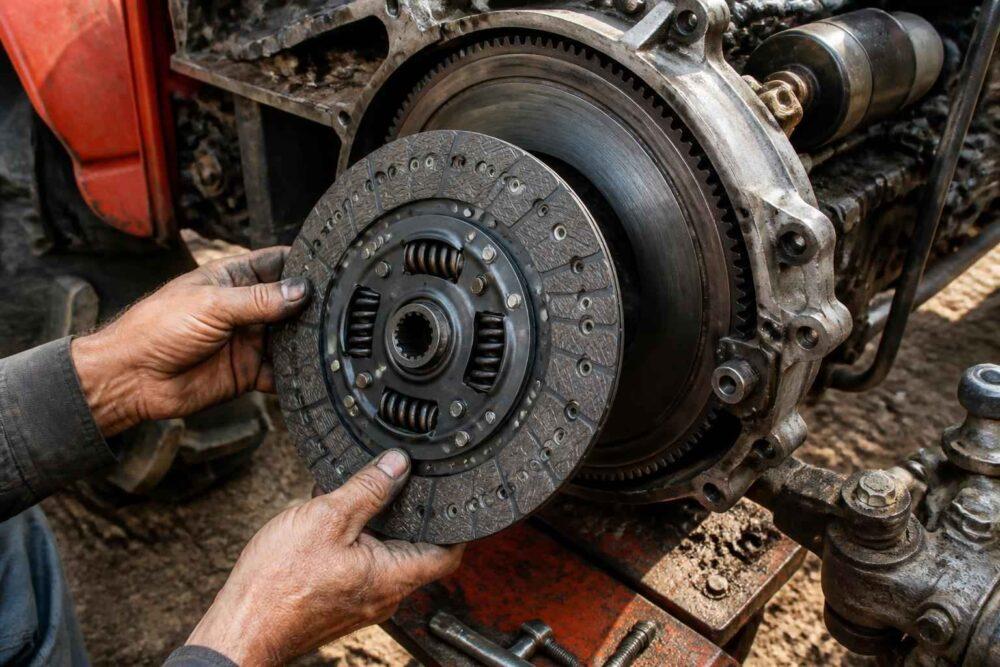 Mechanik trzyma tarczę sprzęgła przed zamontowaniem przy kole zamachowym silnika